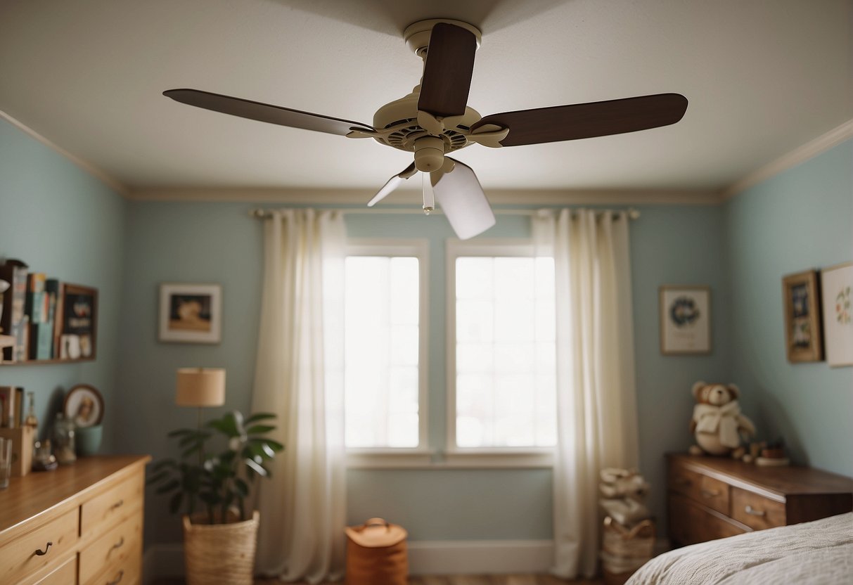 A ceiling fan is installed in a baby's room. The fan is securely attached to the ceiling, with no loose or dangling cords. The blades are covered with a protective guard to prevent any accidents