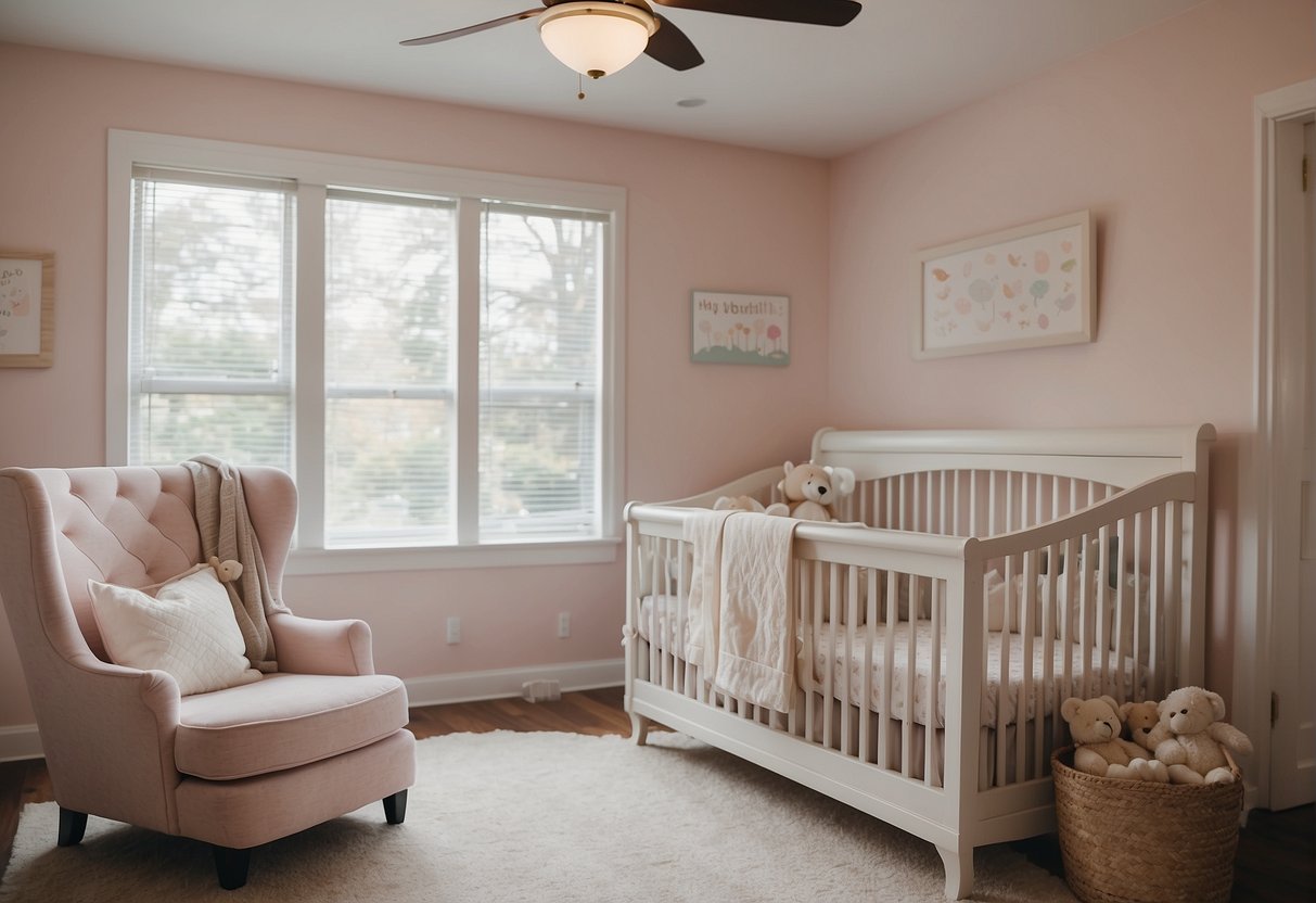 A nursery with a crib and soft pastel colors. A ceiling fan hangs above, gently circulating the air. A cozy and peaceful atmosphere for a baby's room