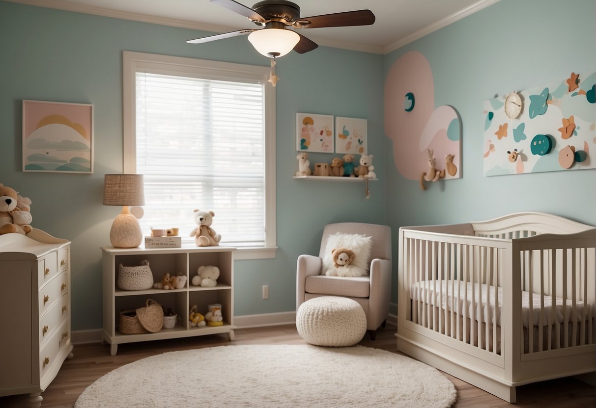 A baby's room with a crib and toys, soft pastel colors, and a ceiling fan installed above. The fan is turned on, gently circulating the air