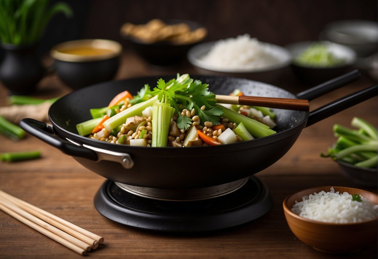 A sizzling wok filled with vibrant green celery, sizzling in a fragrant blend of soy sauce, garlic, and ginger. A side of steamed rice and a pair of chopsticks complete the scene