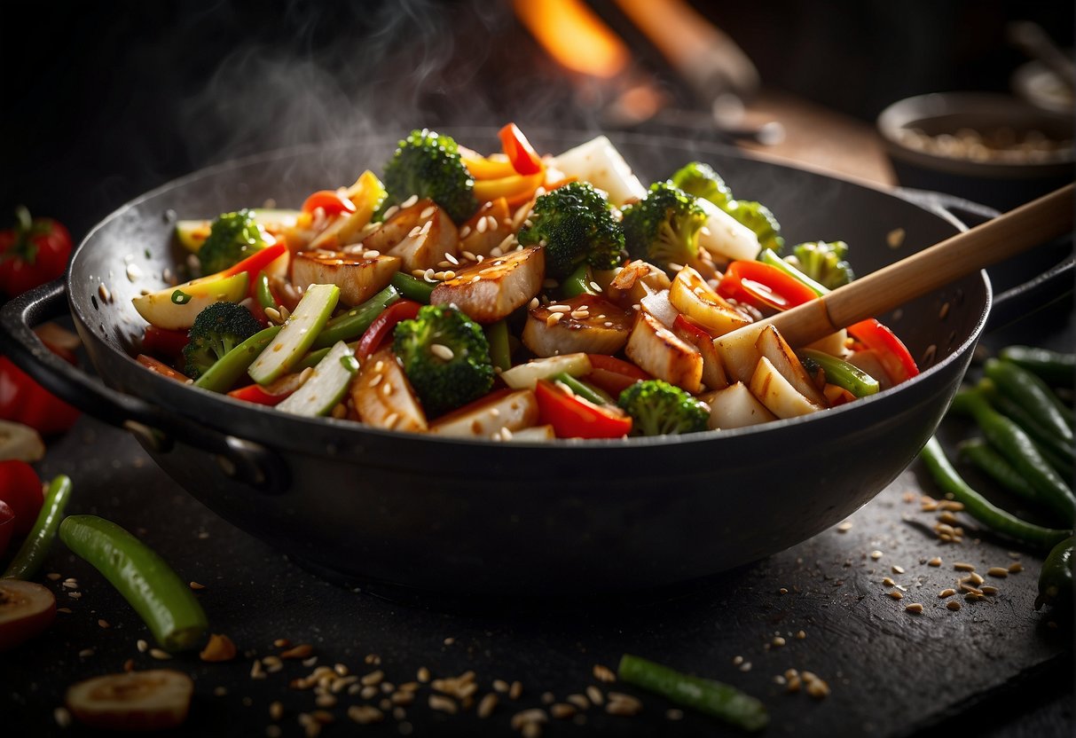 A wok sizzles with sliced lady fingers, as they are tossed with garlic, soy sauce, and sesame oil, creating a fragrant and colorful stir-fry dish