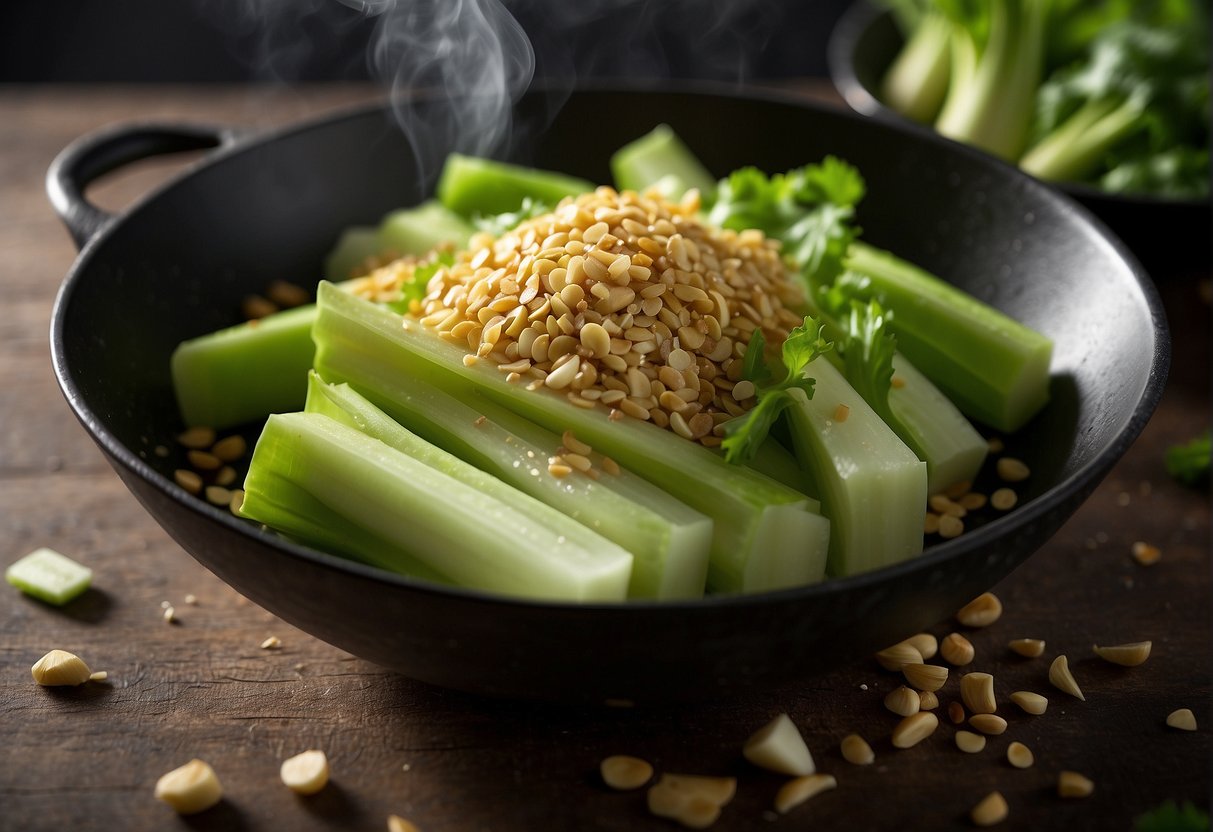 Fresh celery, sliced thin, sizzling in a hot wok with garlic and ginger. A splash of soy sauce and a sprinkle of sesame seeds add the finishing touch