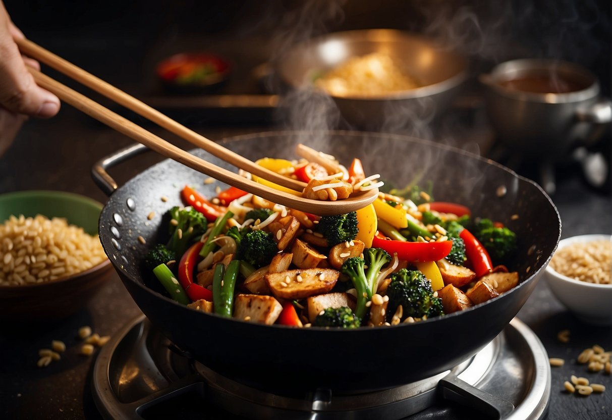 A wok sizzles as lady fingers, garlic, and ginger are tossed with soy sauce and sesame oil, creating a fragrant and colorful stir fry