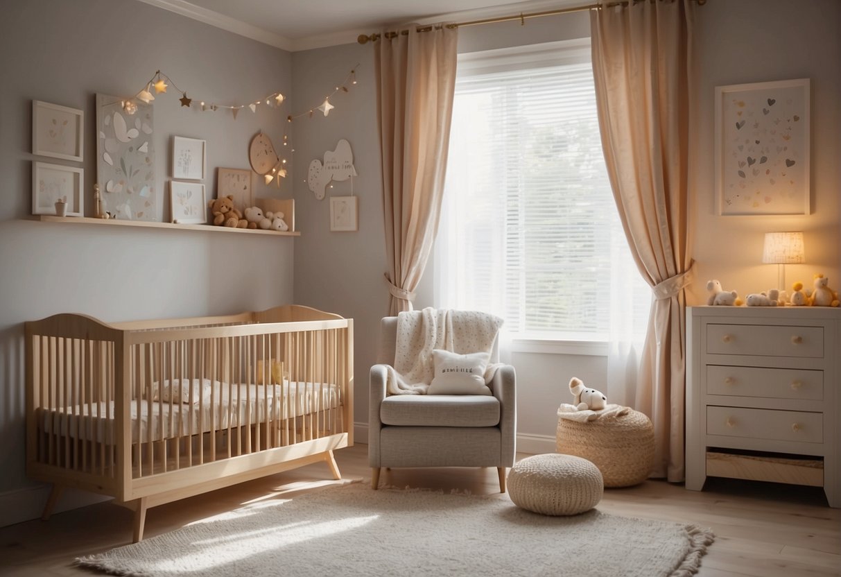 A cozy crib in a bright, airy nursery with soft blankets and toys scattered around. A gentle mobile hangs above, softly spinning in the sunlight