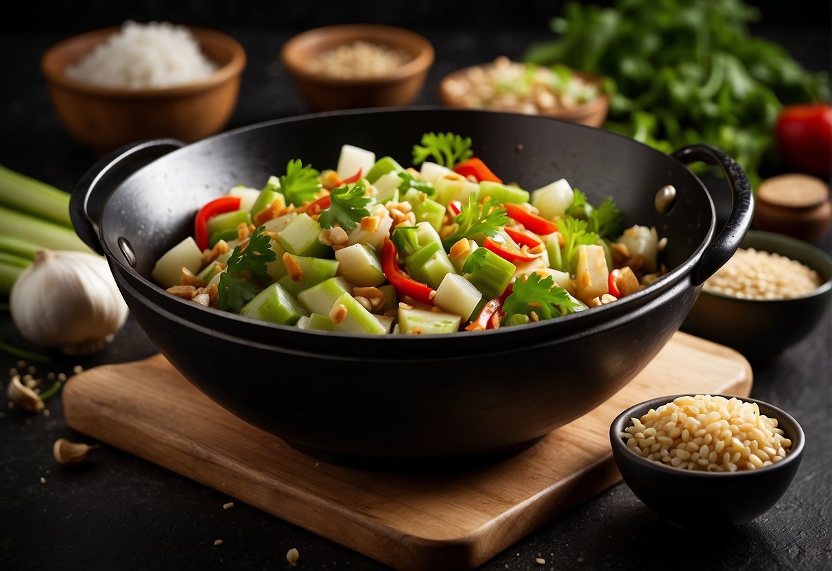 A sizzling wok with chopped celery, garlic, and ginger, surrounded by various ingredients like soy sauce, sesame oil, and chili flakes
