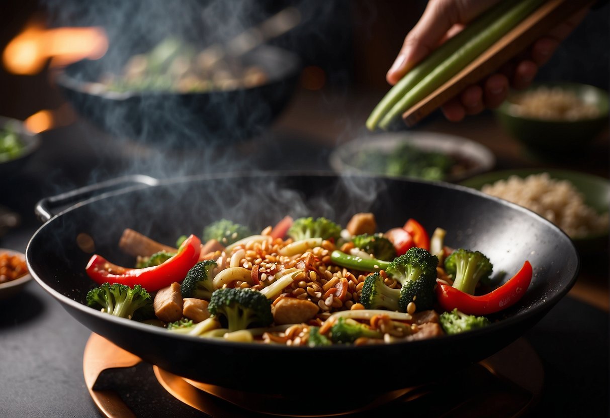 A wok sizzles with fresh lady fingers, garlic, and soy sauce. A table displays nutritional information for the Chinese stir fry