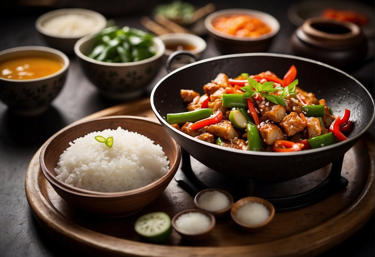 A sizzling wok of Chinese stir-fried lady fingers, accompanied by a pot of steaming jasmine rice and a selection of traditional condiments
