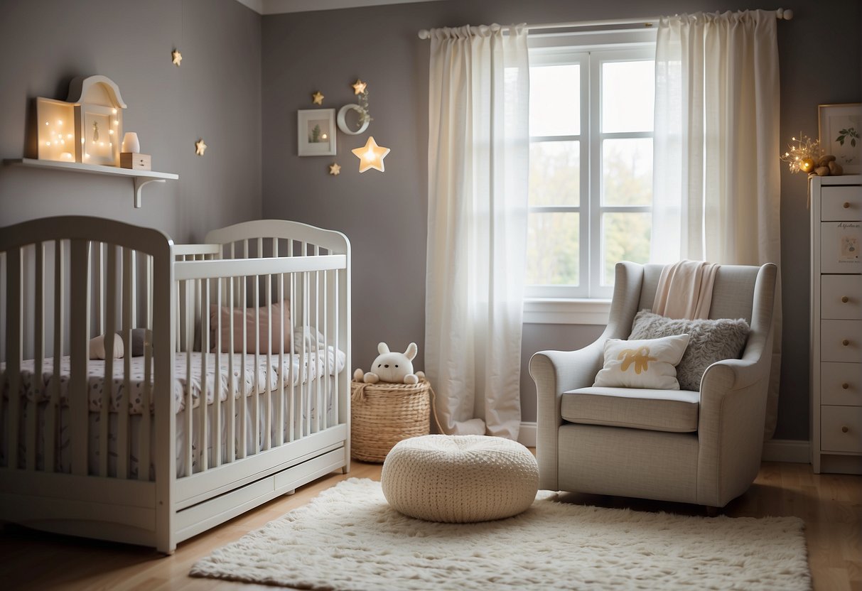 A cozy nursery with a comfortable crib, soft blankets, and gentle lighting. A soothing mobile hangs above, and a white noise machine hums softly in the background