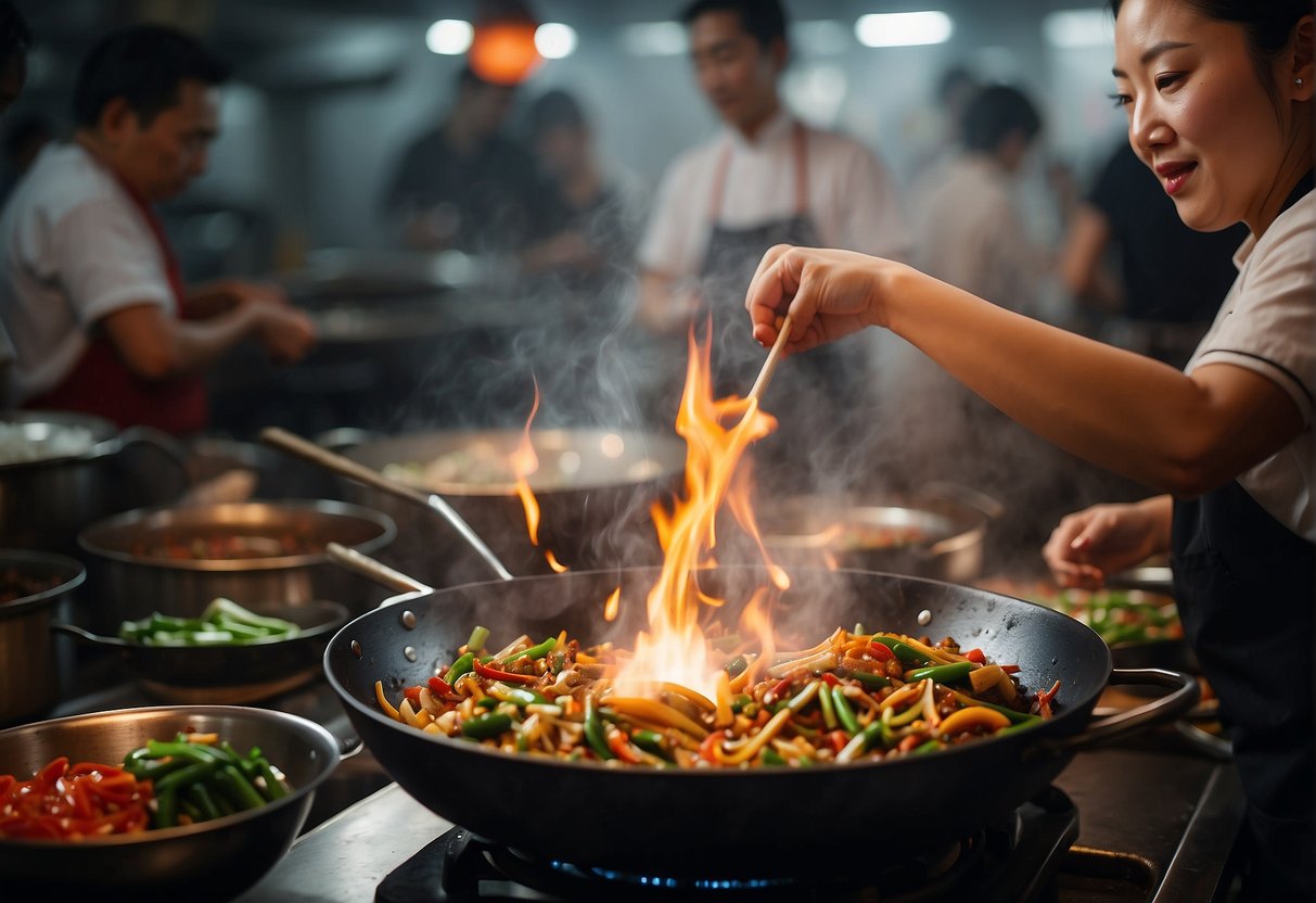 A wok sizzles as lady fingers are tossed with garlic, soy sauce, and chili in a bustling Chinese kitchen