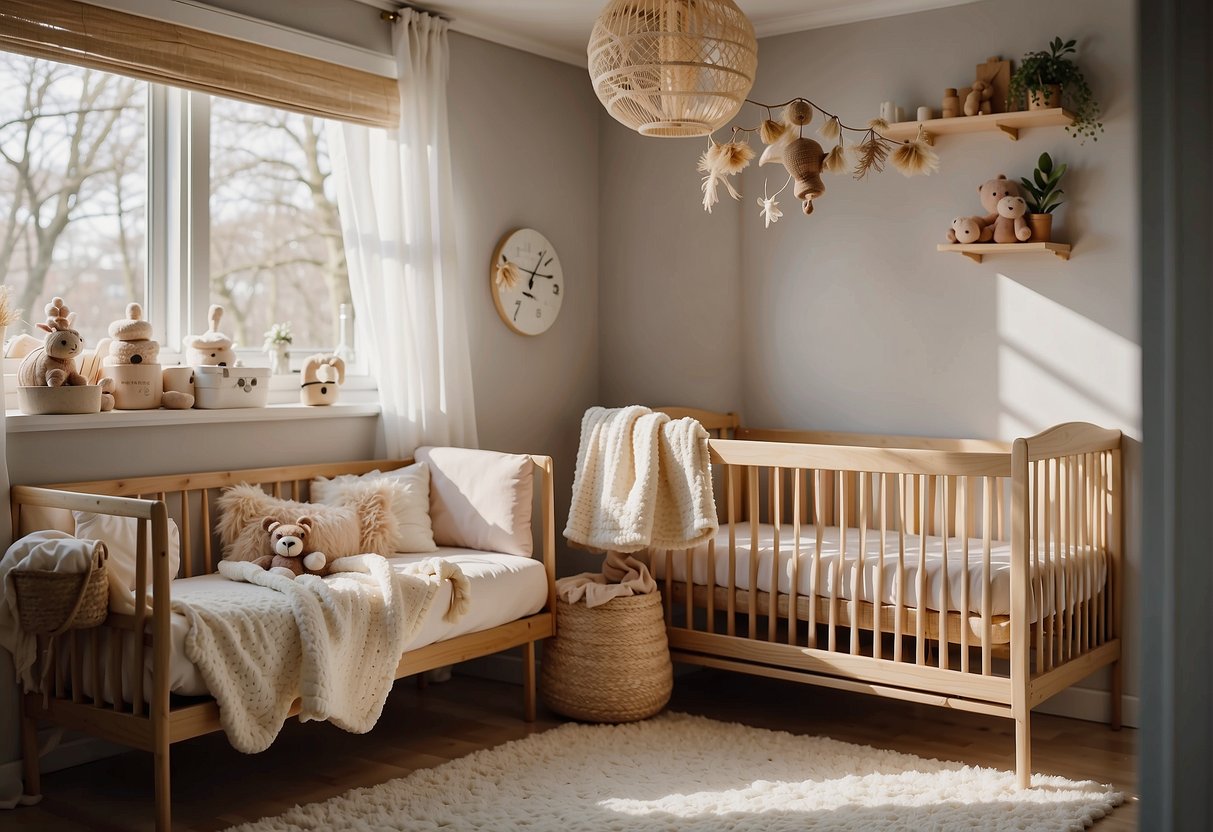 A cozy nursery with a crib next to a sunny window, soft blankets, and a soothing mobile hanging above