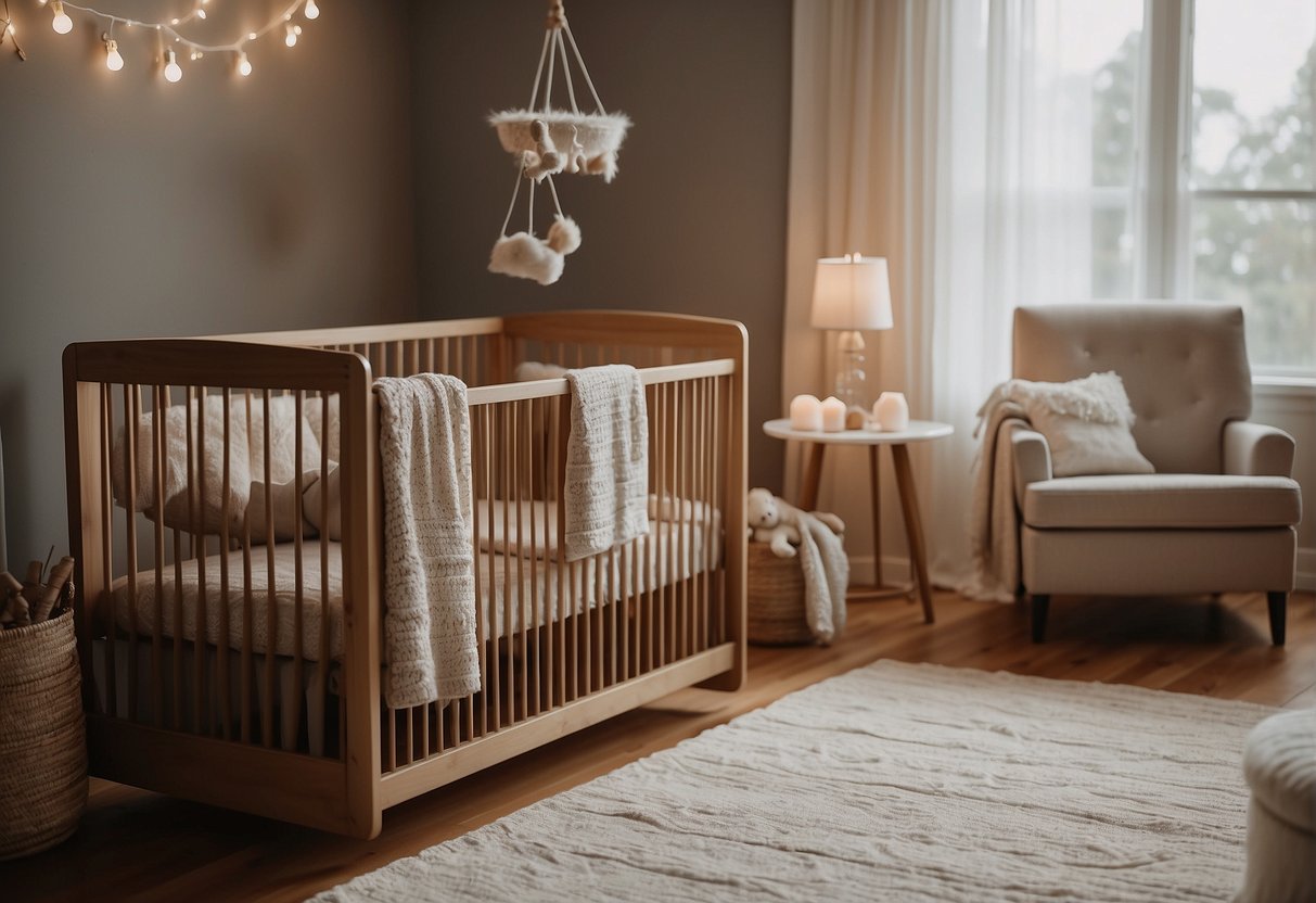 A cozy nursery with a soft rocking chair, a gentle mobile hanging above a crib, and a dim night light for peaceful daytime naps
