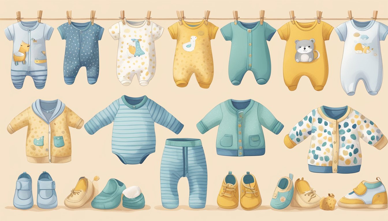 A colorful display of organic baby clothing brands, featuring soft fabrics and cute animal prints