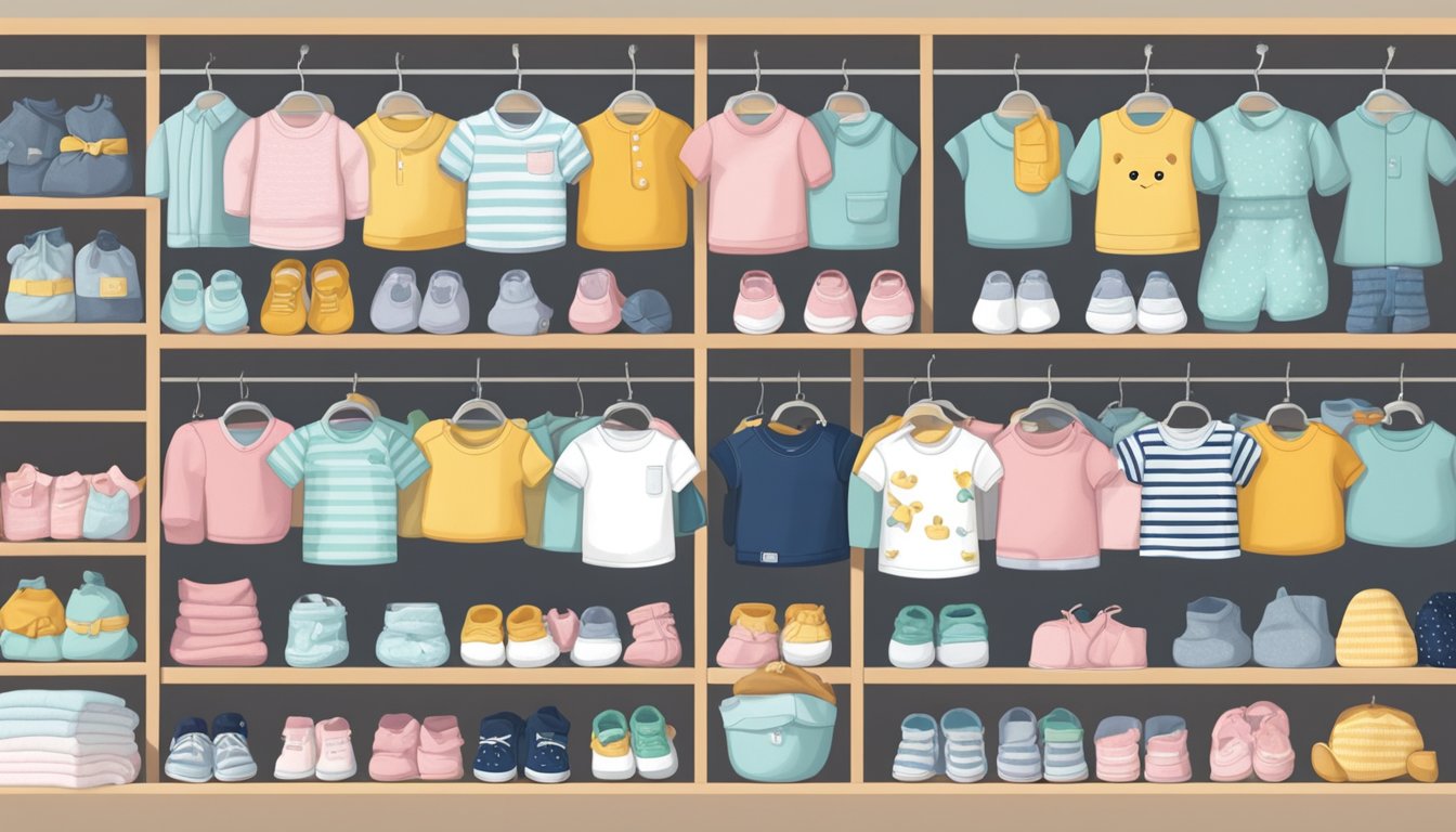 A variety of baby clothes from different brands displayed on a shelf, with tags indicating size, material, and care instructions