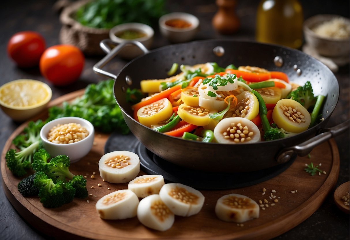 Lotus root slices sizzle in a wok with vibrant vegetables and savory sauce