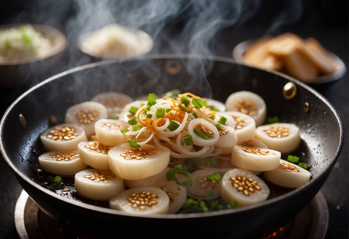 Lotus root slices sizzle in a hot wok with garlic, ginger, and soy sauce. Steam rises as the ingredients are tossed together, creating a fragrant and colorful stir-fry dish