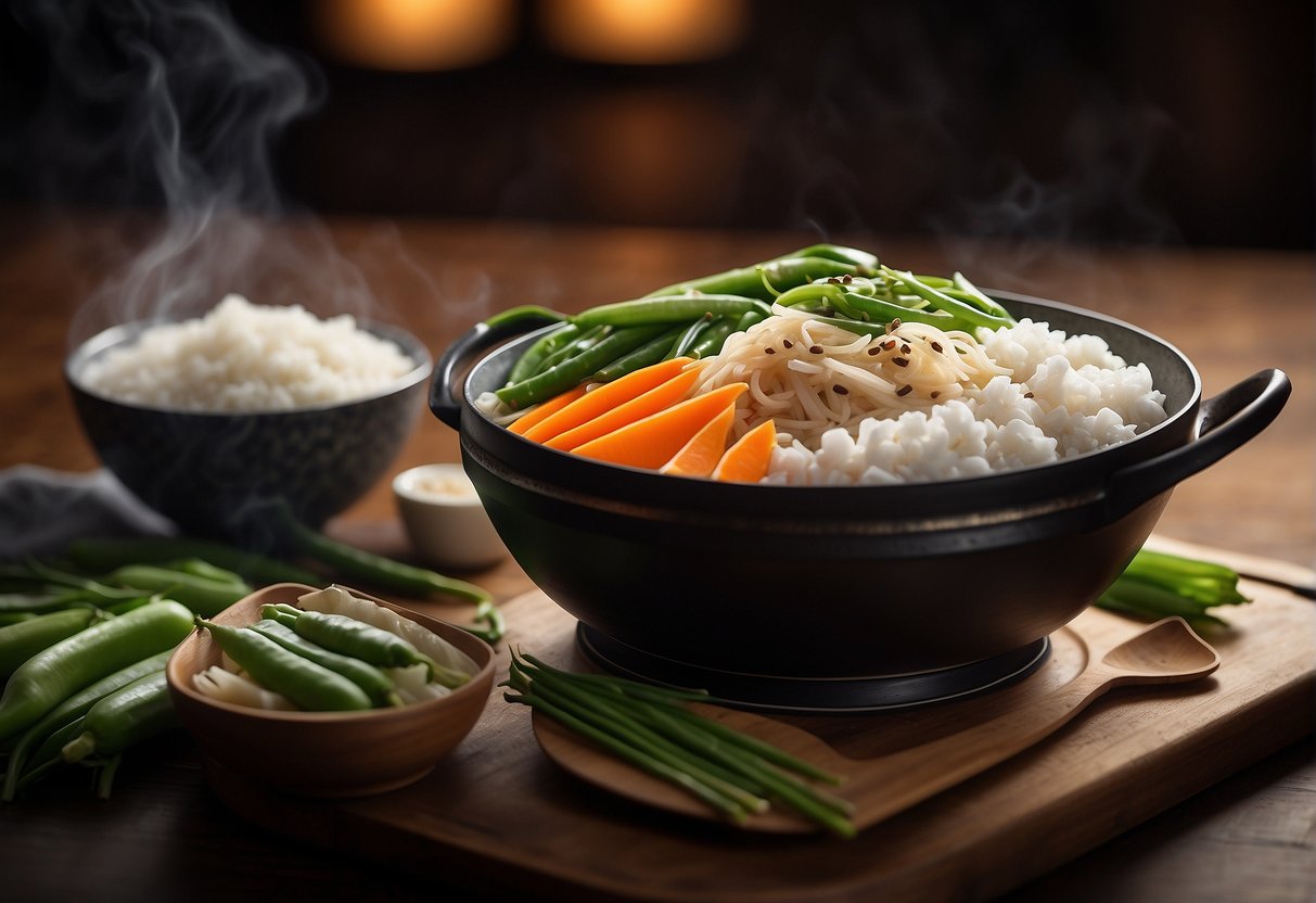 A steaming wok sizzles with sliced lotus root, snow peas, and carrots, while a bowl of fragrant jasmine rice sits nearby. A pair of chopsticks rests on the side, ready for use