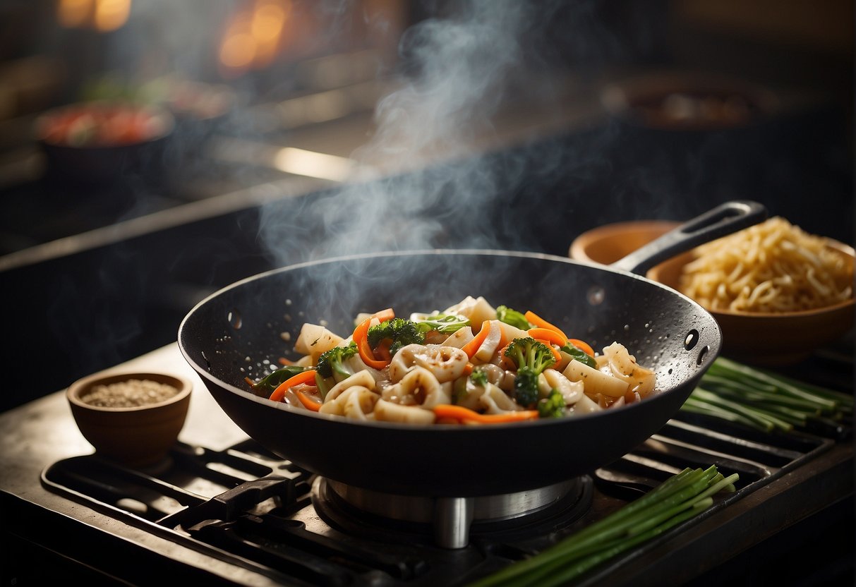 A wok sizzles as lotus root, ginger, and garlic stir-fry in a fragrant Chinese sauce. Steam rises, and vibrant vegetables add color to the dish