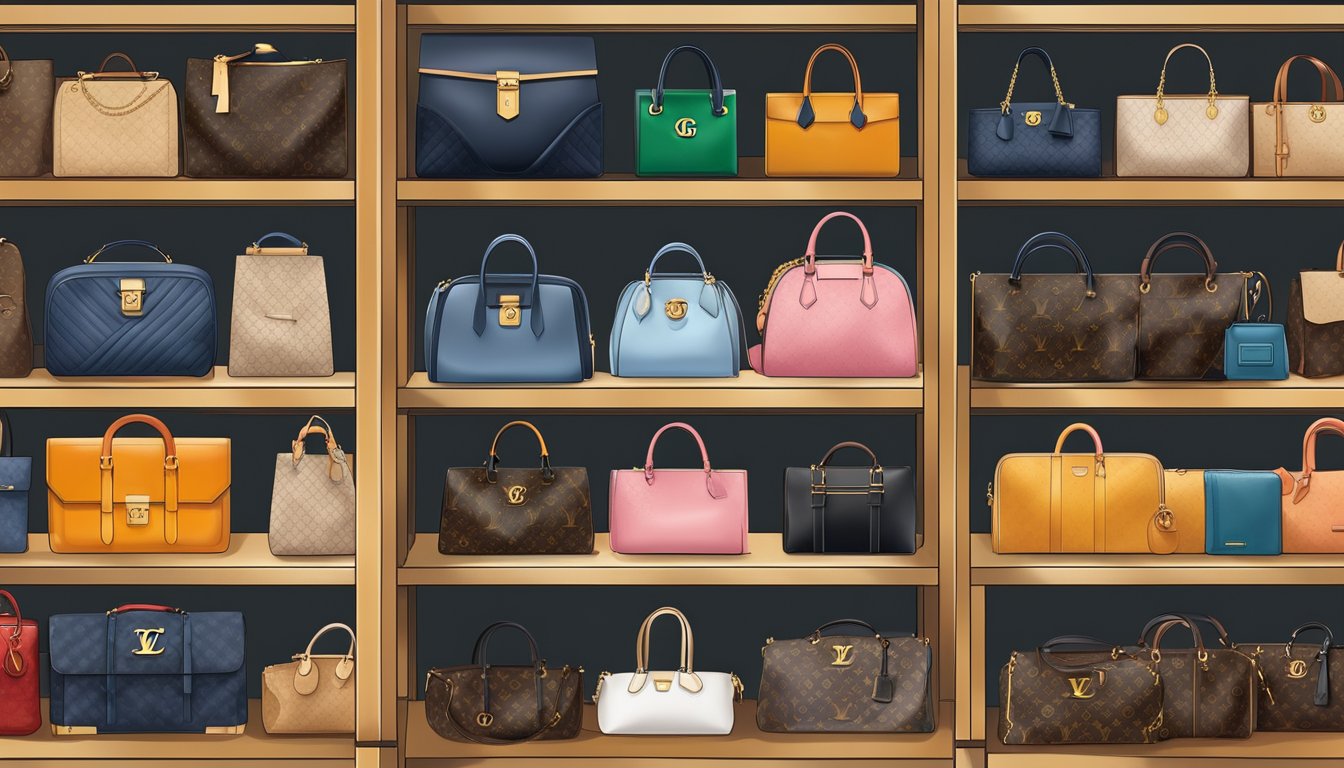 Various bag brand names displayed on shelves, including Louis Vuitton, Gucci, and Chanel