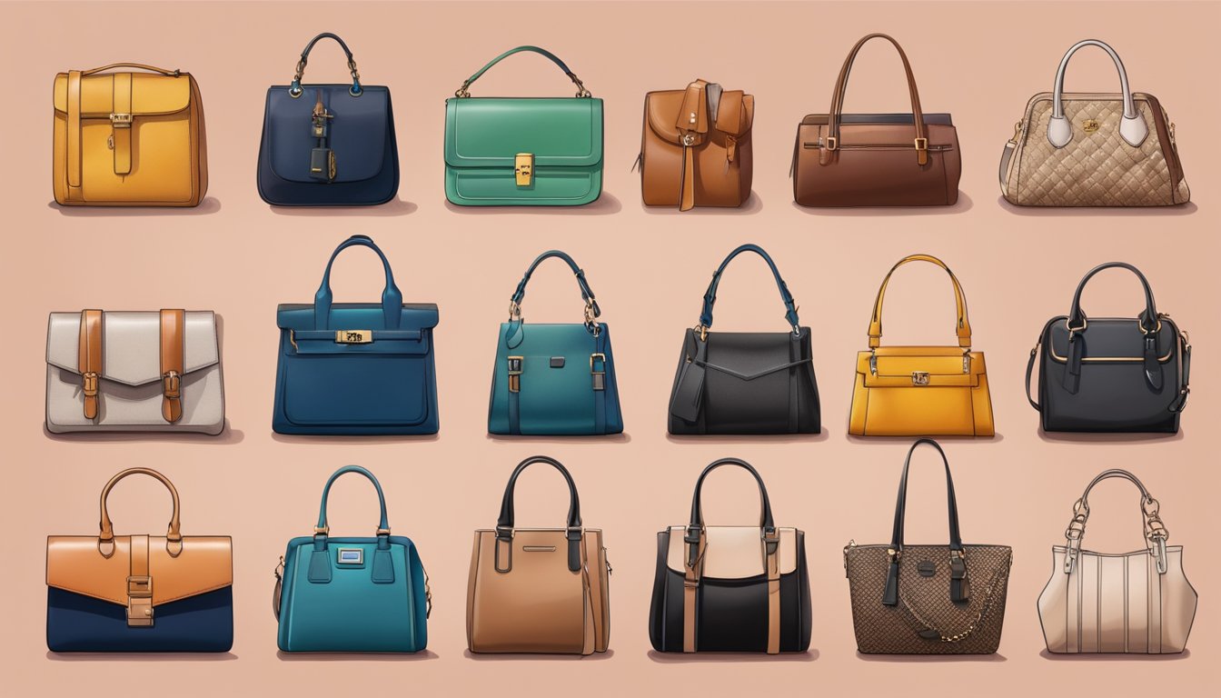 A timeline of bag fashion brands, from vintage to modern, displayed on a colorful backdrop