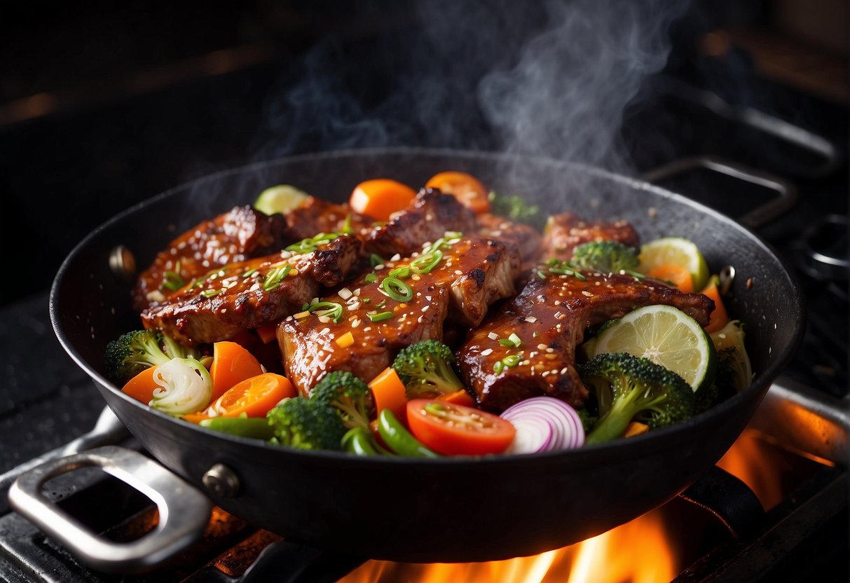 Sizzling pork ribs tossed in a wok with colorful vegetables and aromatic spices, steam rising, creating a mouthwatering aroma