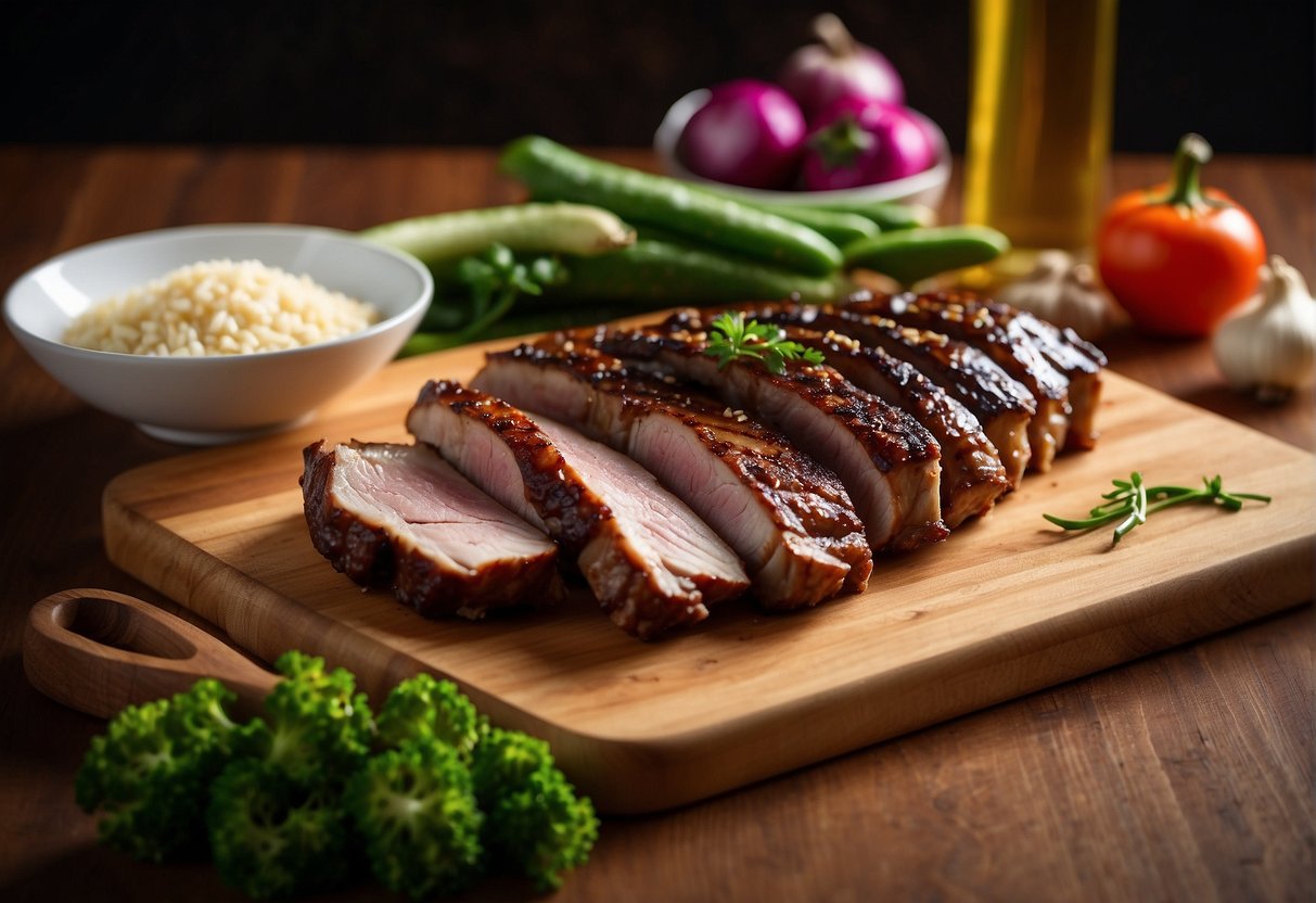 A cutting board with pork ribs, ginger, garlic, soy sauce, and vegetables. Bowls of cornstarch, oil, and vinegar nearby