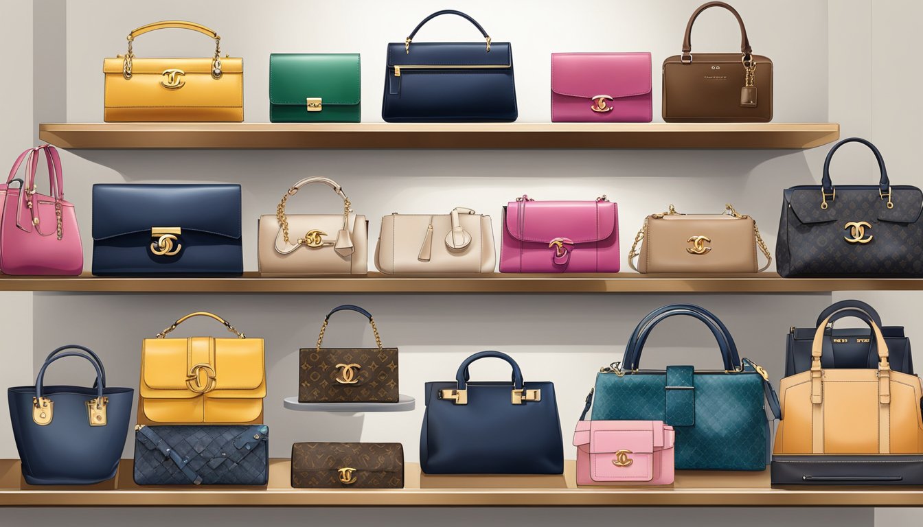 Luxury handbags displayed on shelves, featuring iconic brands like Chanel, Louis Vuitton, and Gucci