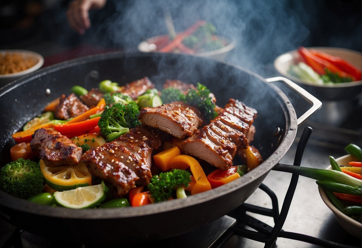 Pork ribs sizzling in hot wok, surrounded by colorful vegetables and aromatic spices. Steam rising, creating a tantalizing aroma