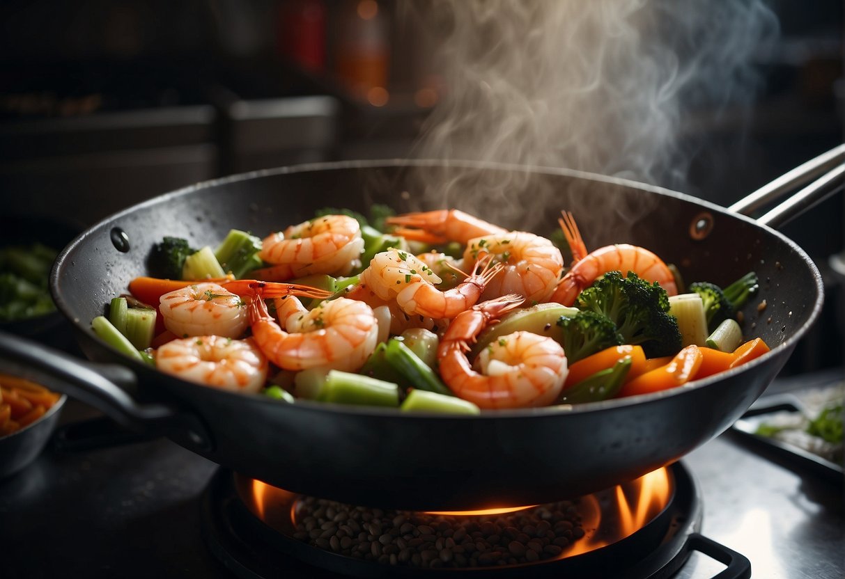 A wok sizzles with plump prawns, colorful vegetables, and aromatic spices in a bustling Chinese kitchen