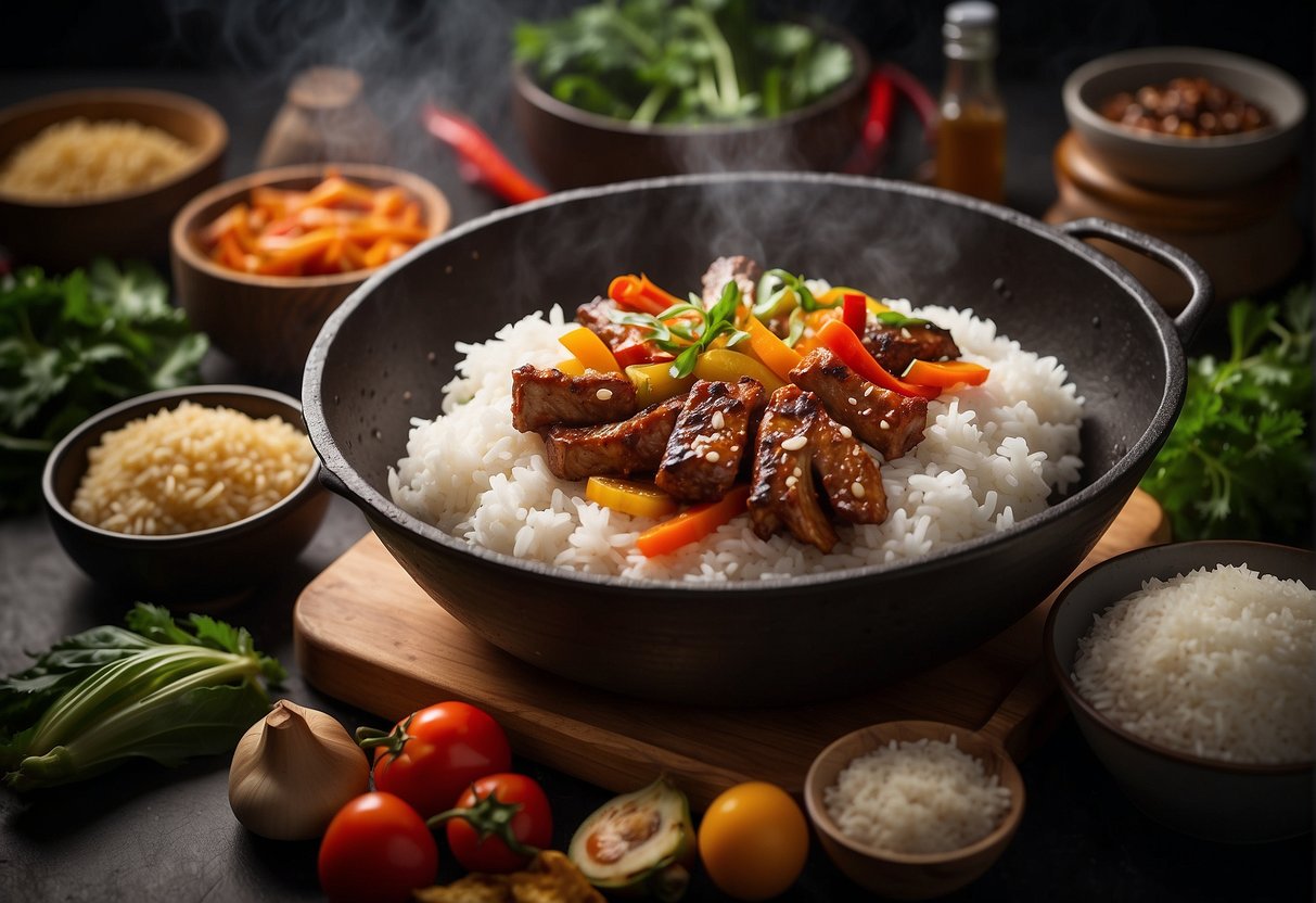A sizzling wok with pork ribs, colorful vegetables, and aromatic spices. A steaming bowl of fluffy white rice on the side