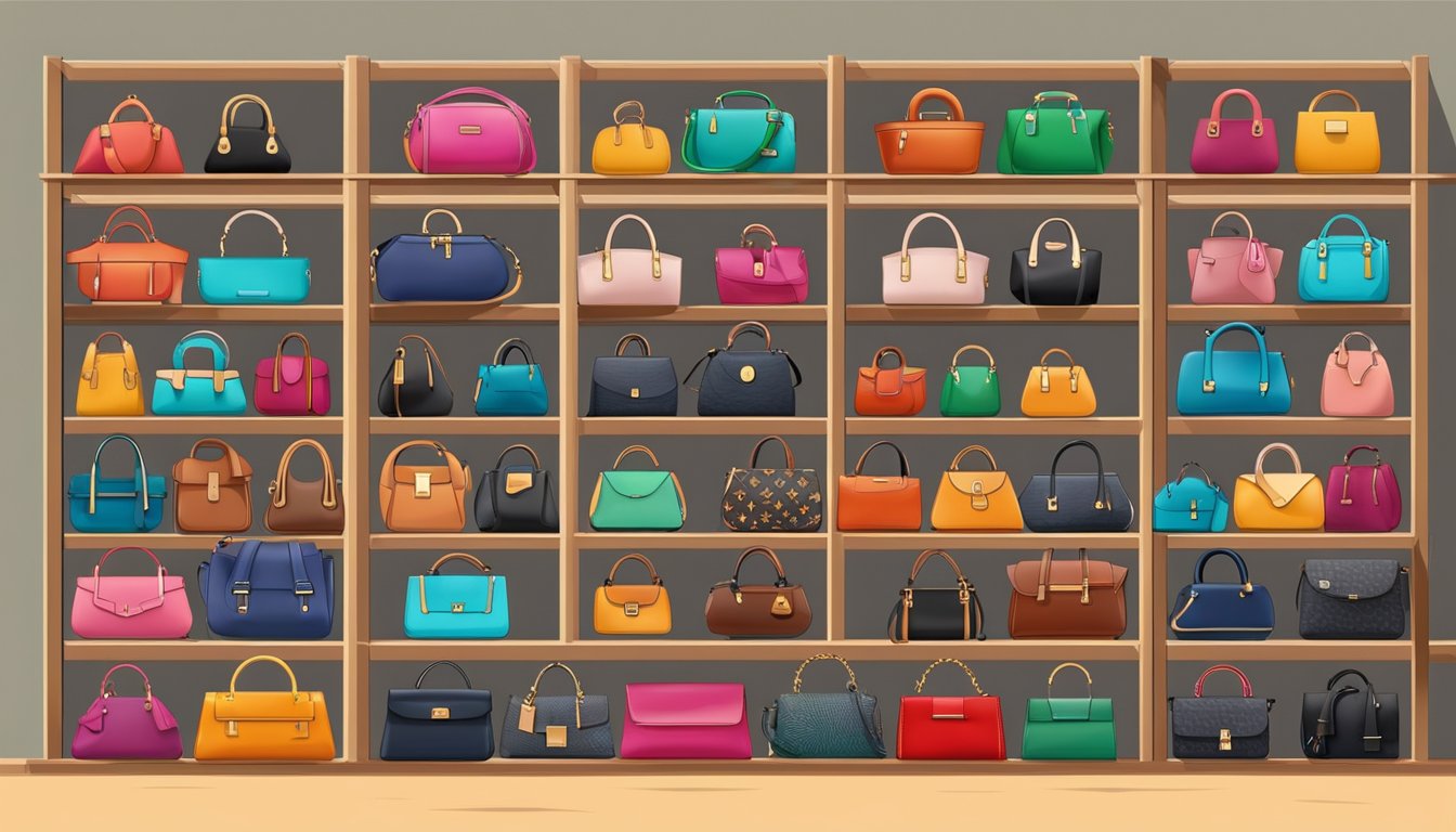 A collection of designer handbags displayed on shelves with brand logos prominently featured