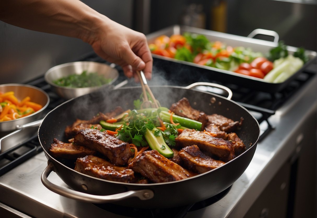 A wok sizzles with marinated pork ribs, stir-frying with vegetables and aromatics. A hand reaches for a container of leftover ribs in the fridge