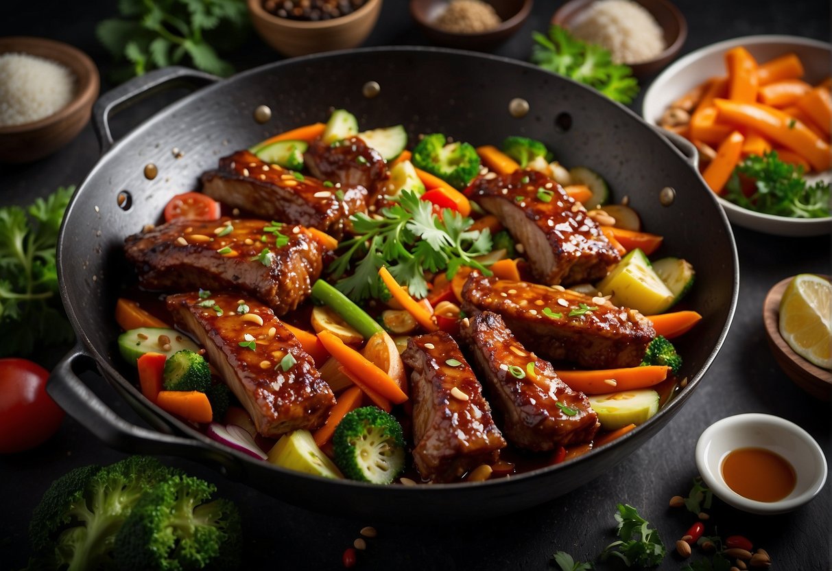 A sizzling wok with marinated pork ribs, garlic, ginger, and soy sauce, surrounded by vibrant vegetables and aromatic spices