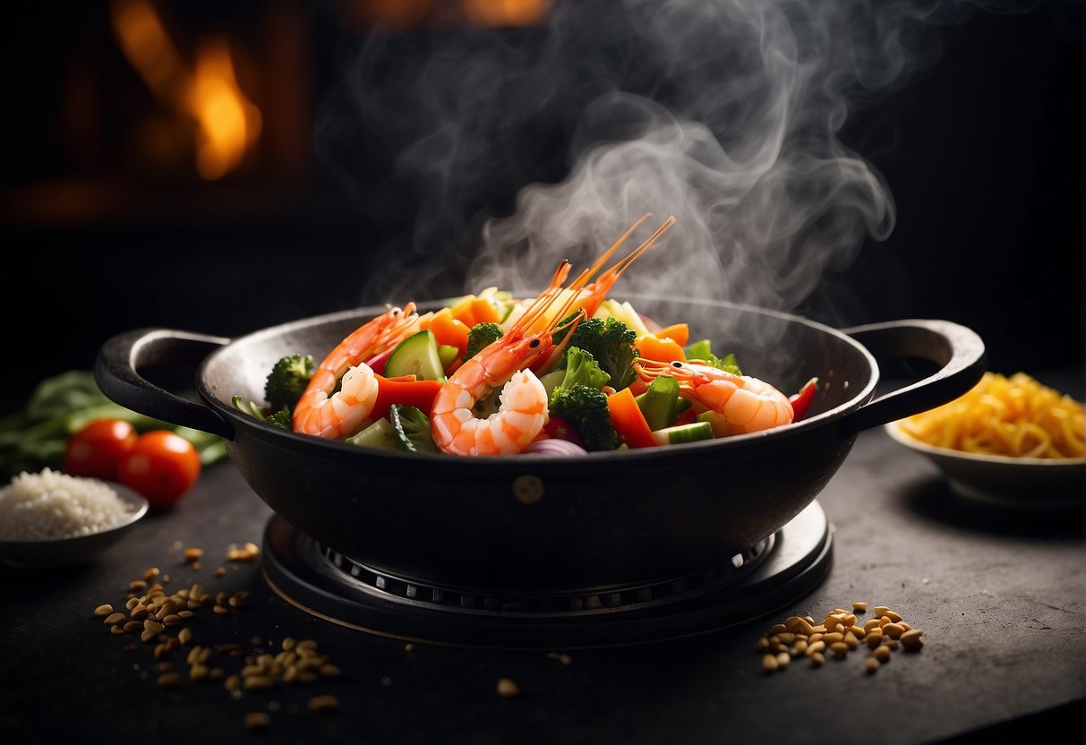 A sizzling wok tosses plump prawns, vibrant vegetables, and aromatic spices in a cloud of steam, creating an enticing Chinese stir fry
