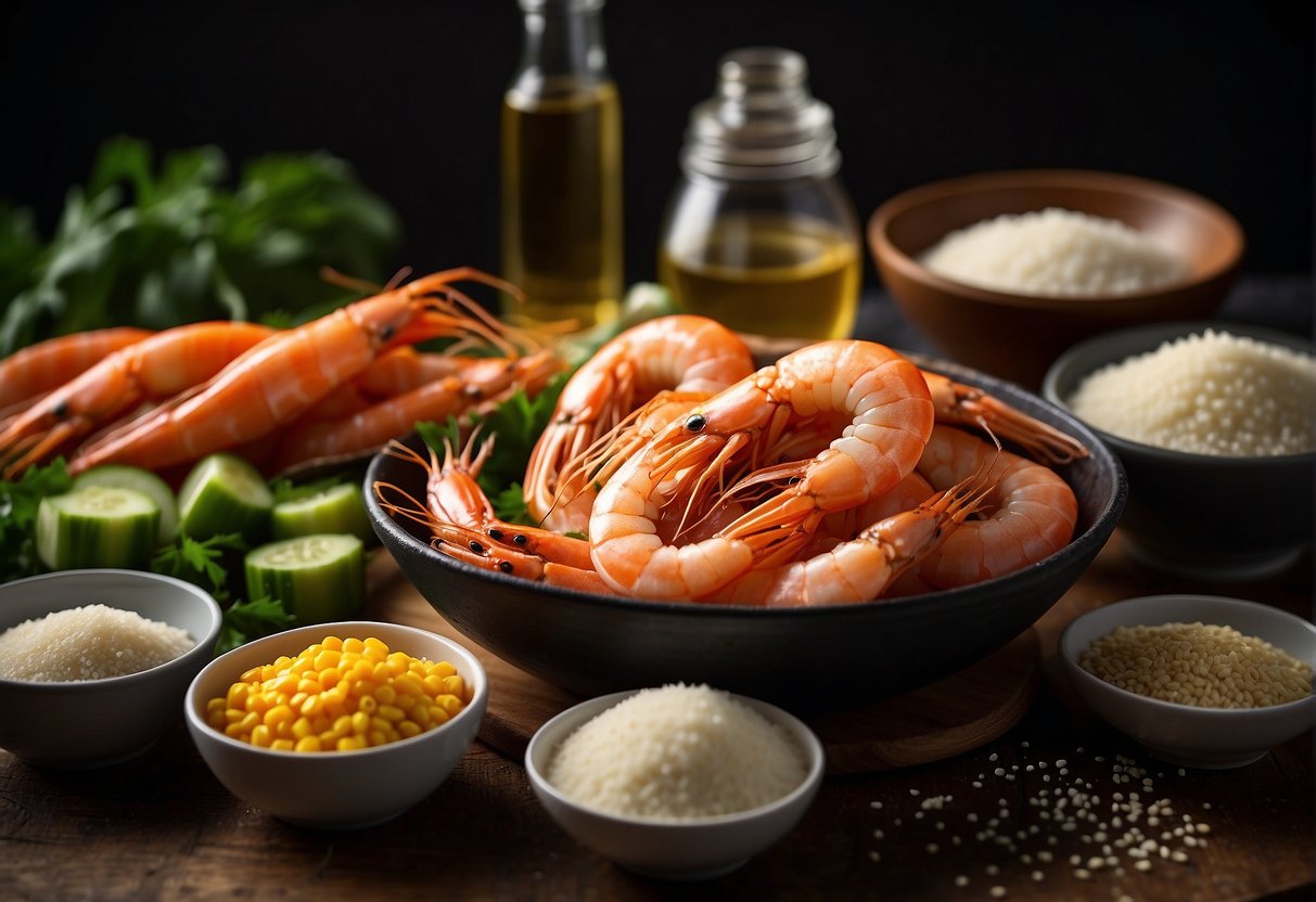 Fresh prawns, garlic, ginger, soy sauce, and vegetables on a cutting board with a bowl of cornstarch and a bottle of sesame oil