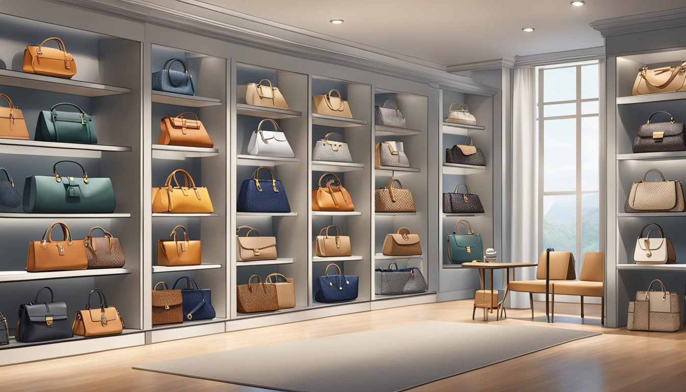 A collection of designer bags from top brands displayed on a sleek, modern shelf in a high-end boutique