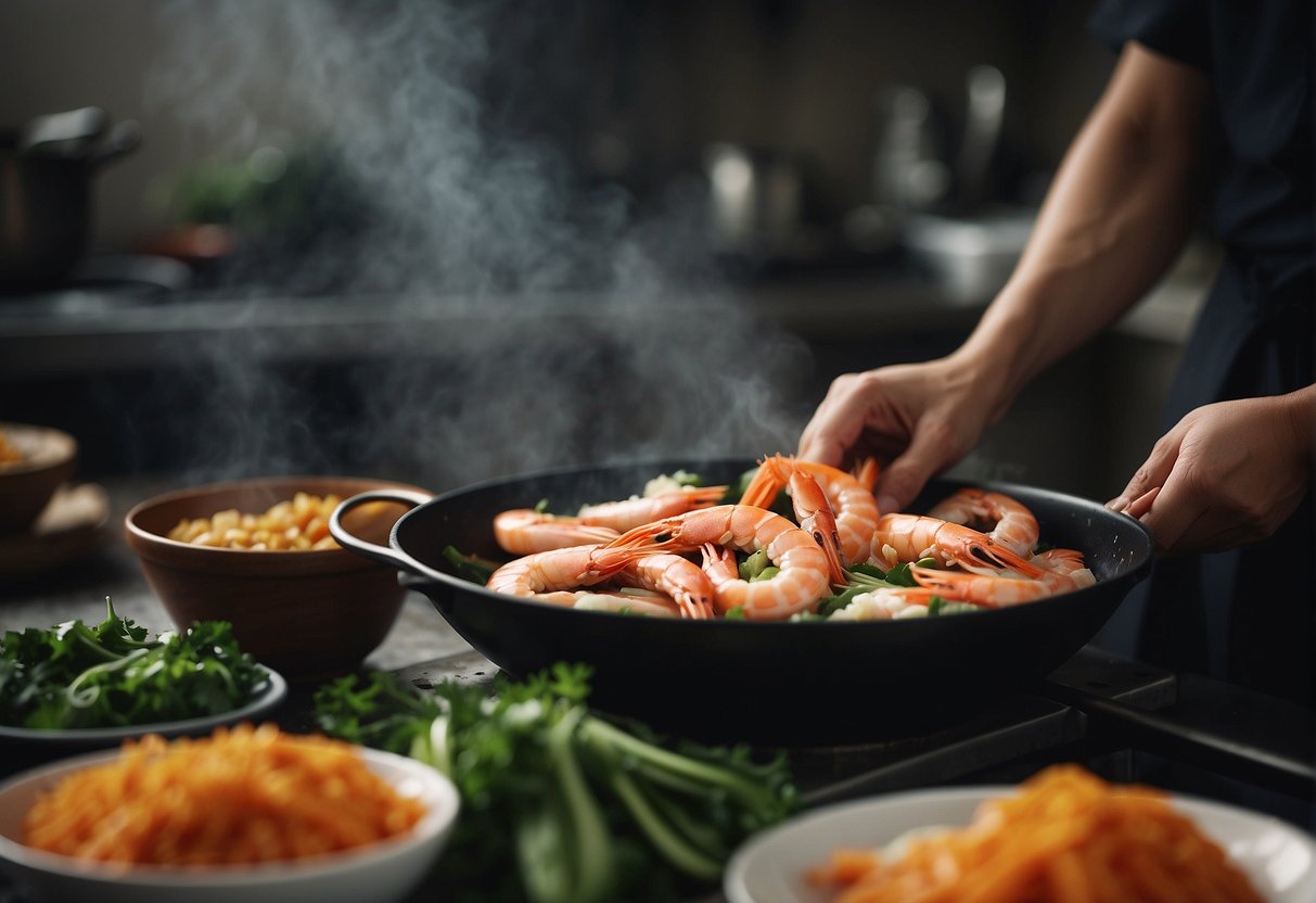 Fresh prawns being peeled and deveined, vegetables being chopped, and a wok sizzling with fragrant spices and sauces