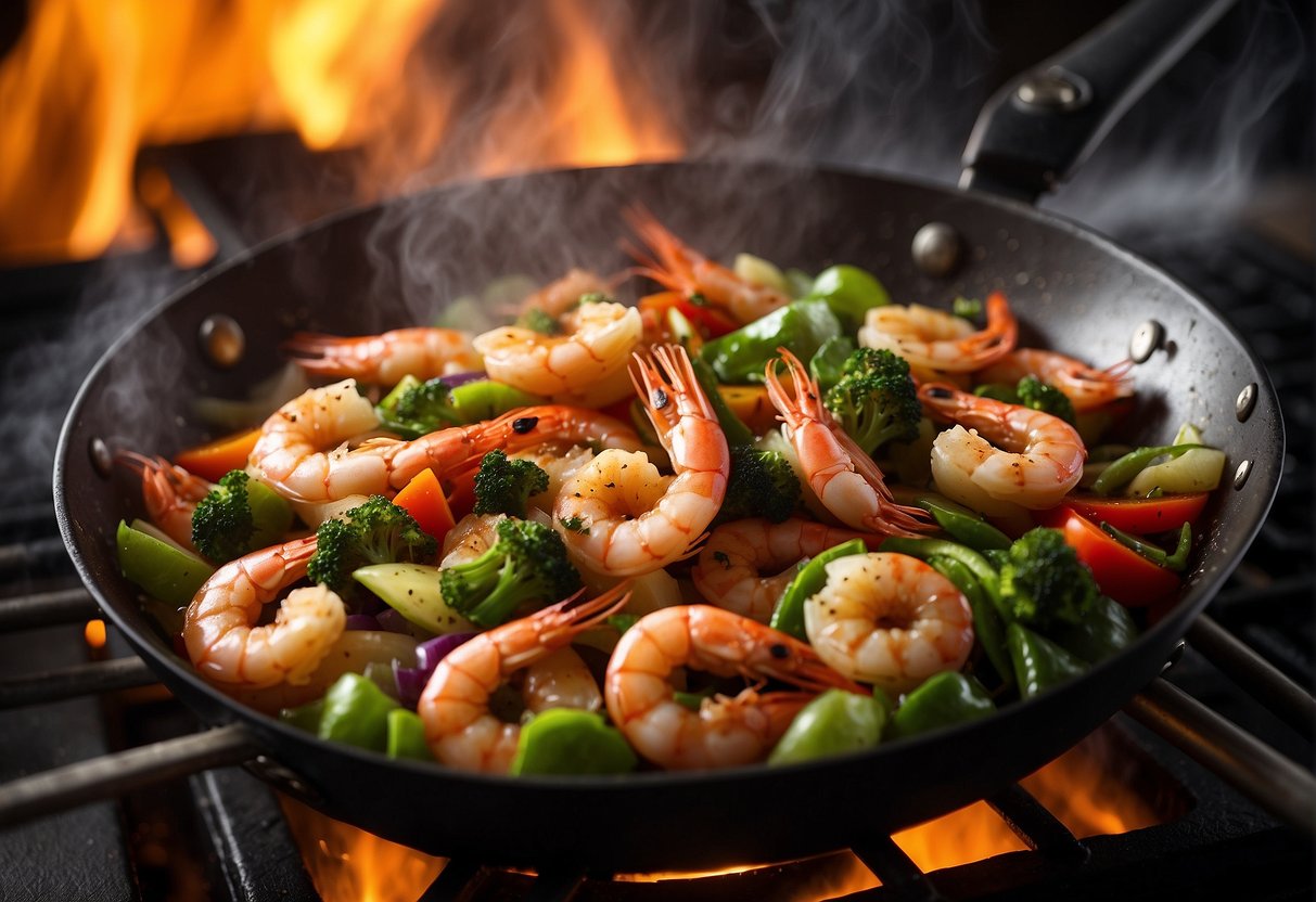 Prawns sizzling in a wok with vibrant vegetables and aromatic sauces. Steam rising, spatula tossing ingredients