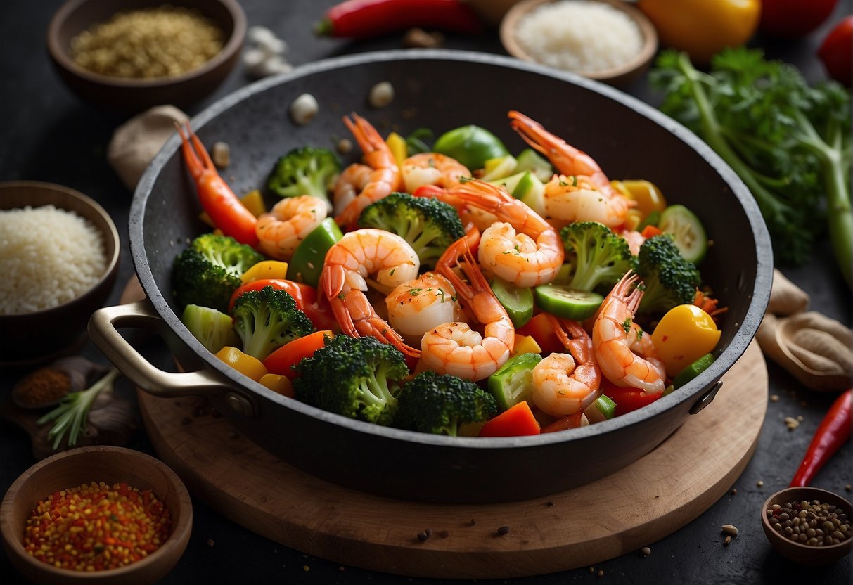 A sizzling wok with colorful vegetables and succulent prawns, surrounded by aromatic spices and sauces