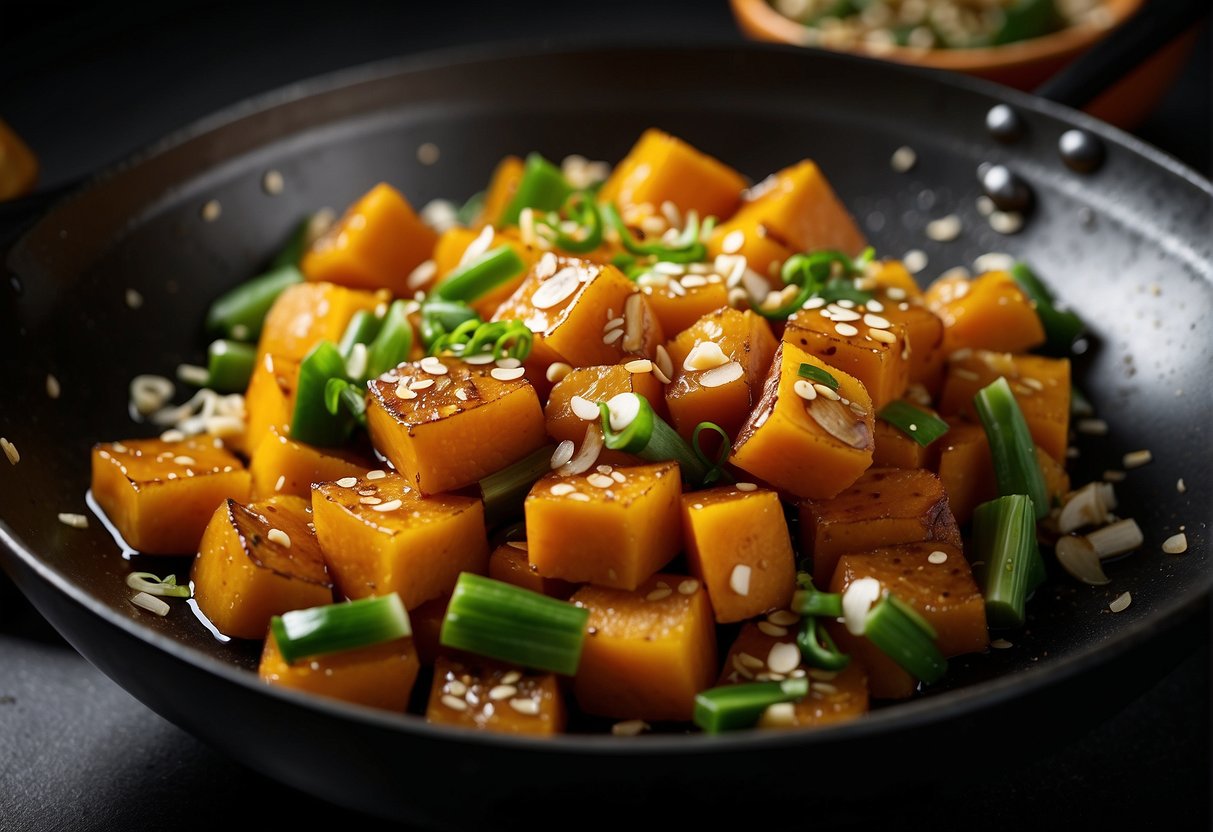 Pumpkin chunks sizzle in a wok with garlic, ginger, and soy sauce. Green onions and sesame seeds sprinkle over the golden stir-fry