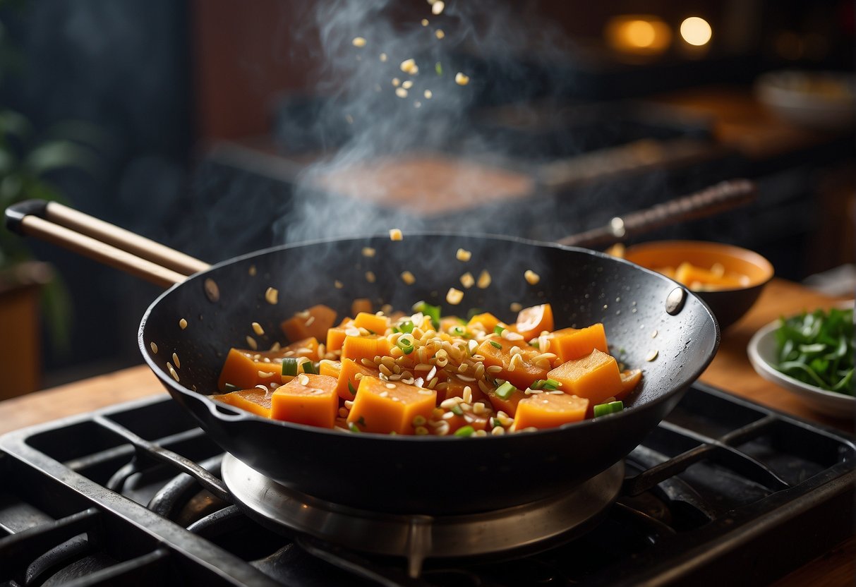 A wok sizzles with diced pumpkin, garlic, ginger, and soy sauce. A sprinkle of sesame seeds and chopped scallions adds a finishing touch