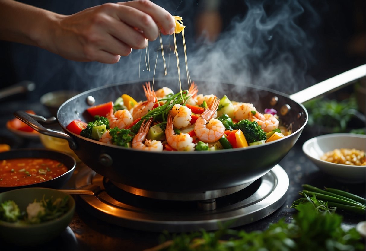 A sizzling wok tosses succulent prawns with colorful vegetables in a fragrant, savory sauce. Steam rises as the ingredients dance and mingle, creating a tantalizing aroma