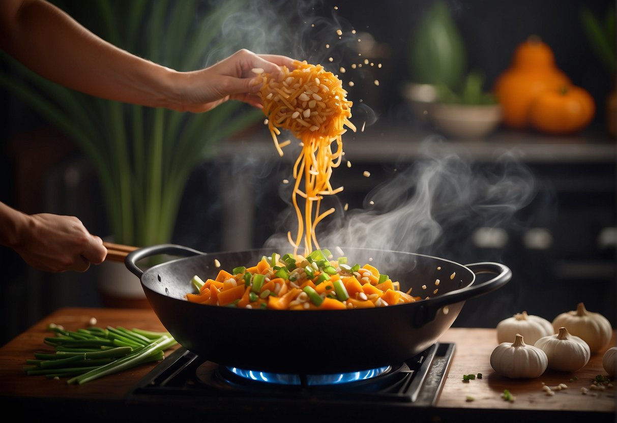 A wok sizzles with diced pumpkin, garlic, and ginger. A hand pours soy sauce into the pan as steam rises. Green onions and sesame seeds garnish the finished stir fry