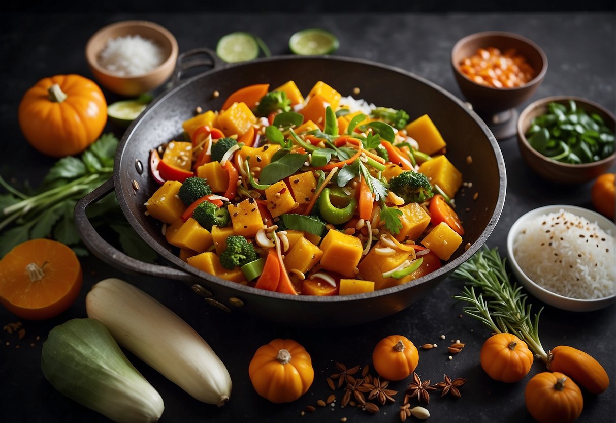 A wok sizzles with vibrant chunks of pumpkin, stir-frying in a medley of aromatic sauces and spices, surrounded by an array of colorful vegetables and herbs
