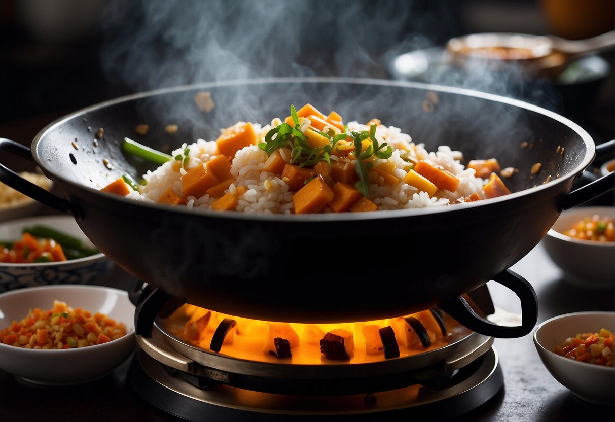 A steaming wok sizzles with vibrant chunks of pumpkin, stir-fried with garlic, ginger, and soy sauce. Beside it, a platter of jasmine rice and a selection of Chinese condiments await pairing