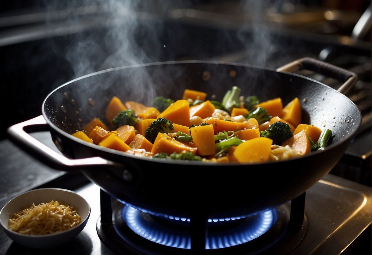 A wok sizzles as pumpkin, garlic, and ginger are stir-fried in a fragrant sauce. Steam rises as the ingredients are tossed together, creating a mouthwatering Chinese stir-fry dish