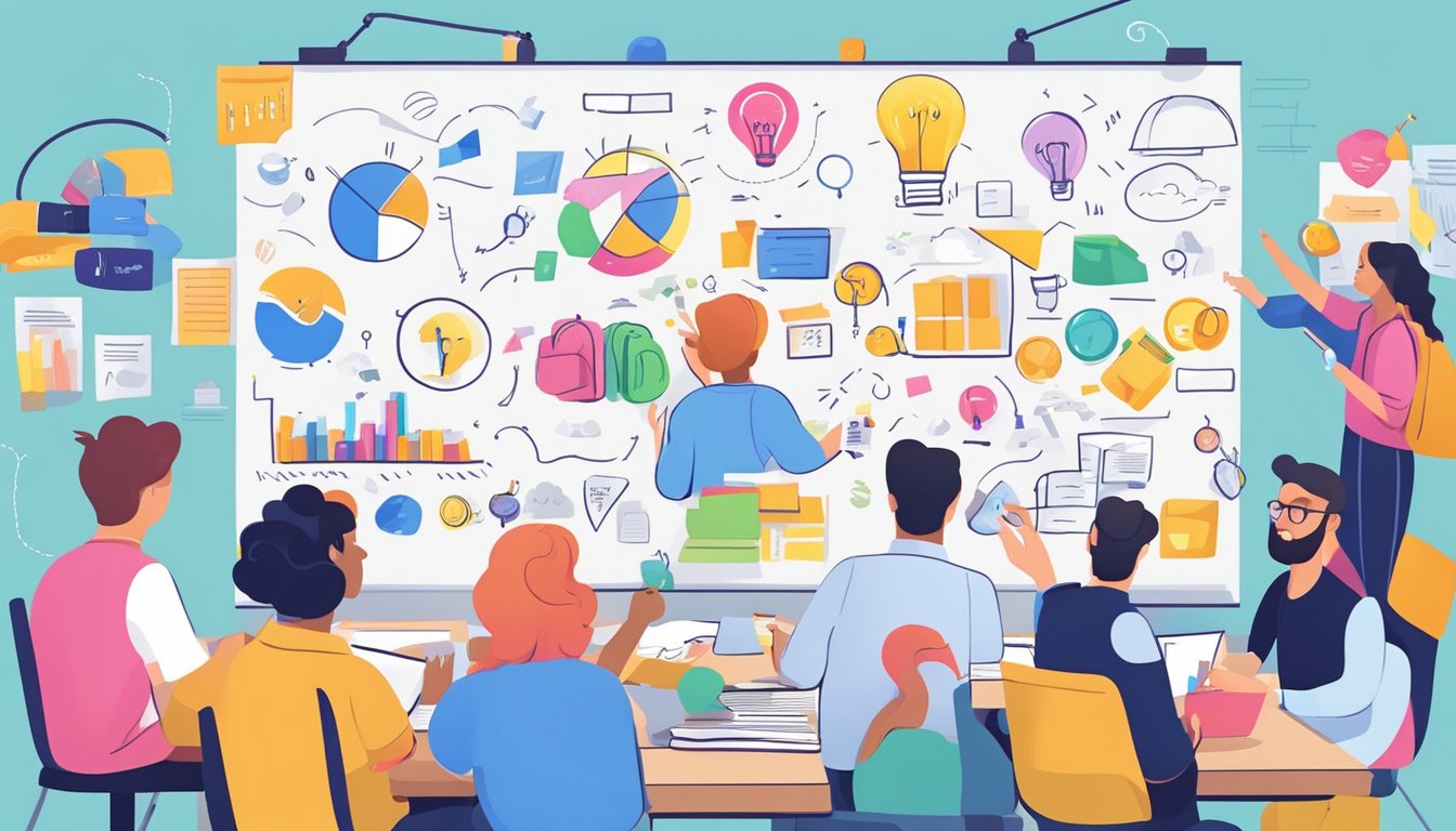 A colorful brainstorming session with various brand name ideas displayed on a whiteboard, surrounded by creative materials and a group of enthusiastic individuals