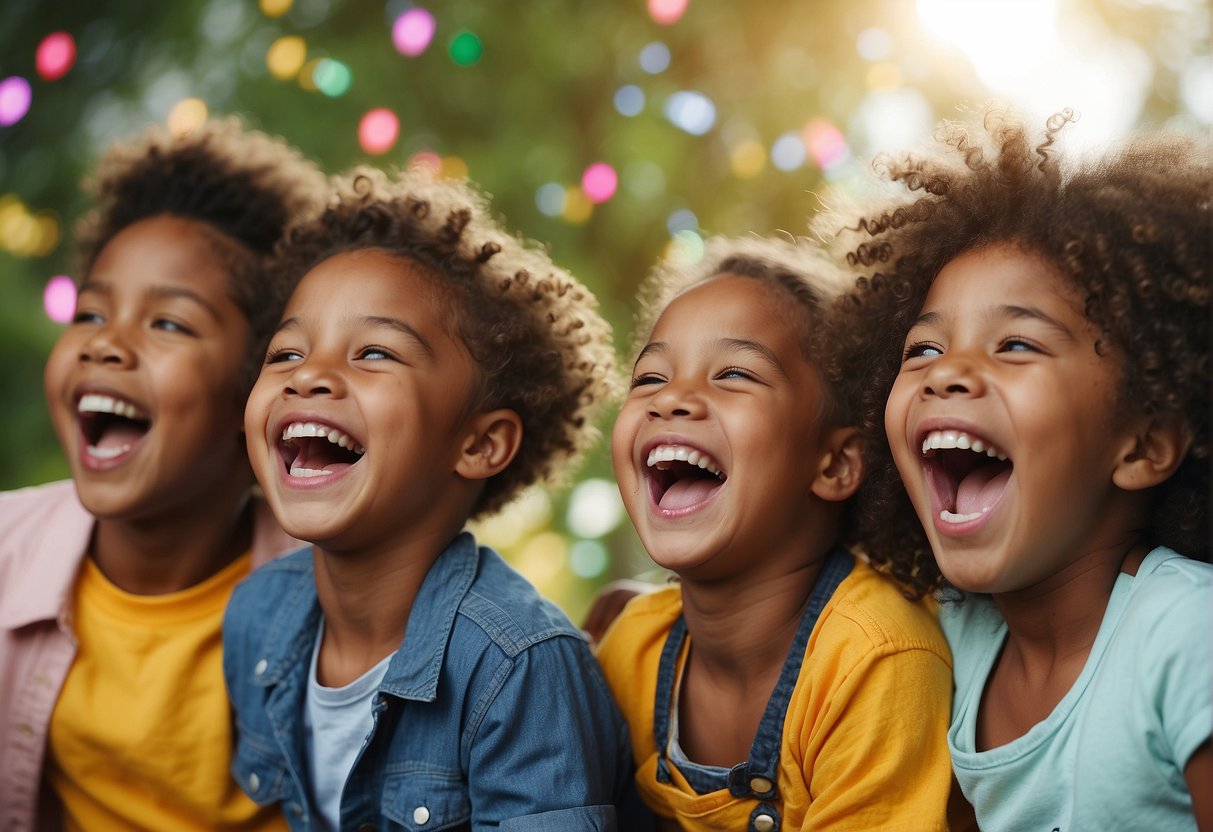 A group of kids laughing and telling jokes in a colorful, playful setting