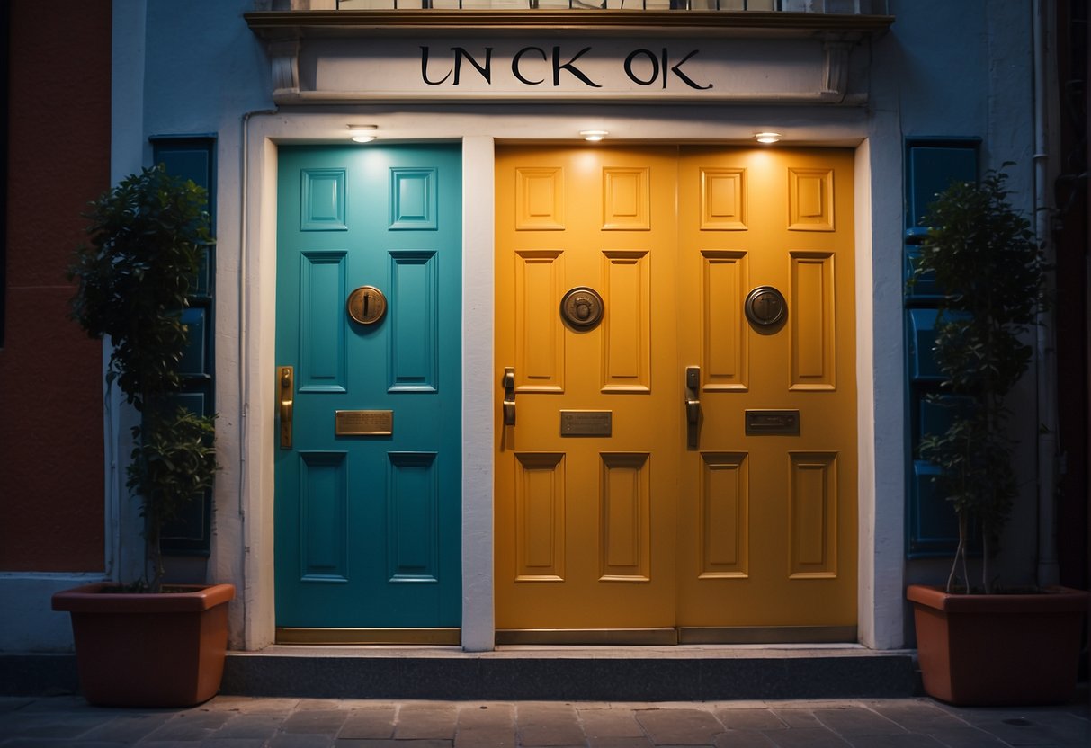 Two doors facing each other, one labeled "Knock Knock" and the other "Who's there?" with a playful and inviting atmosphere