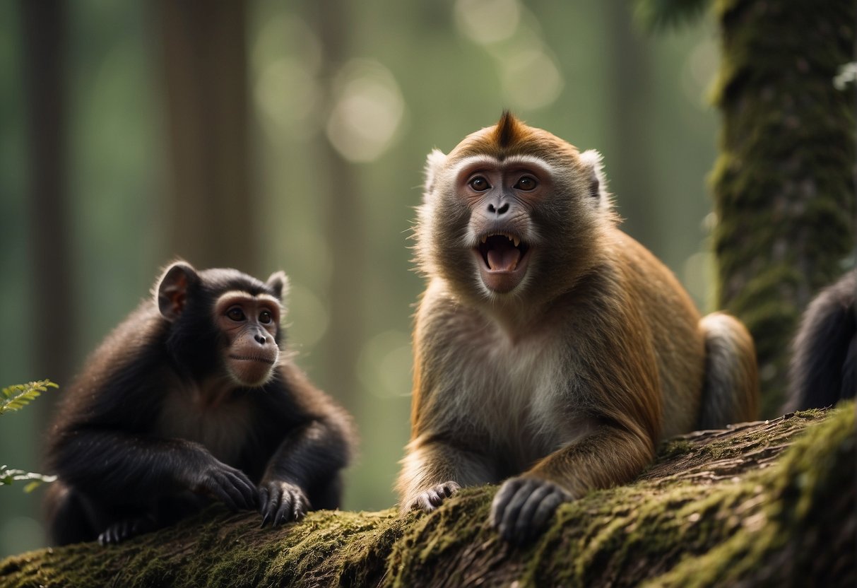 A group of animals gather in a forest clearing, telling jokes and laughing together. A monkey swings from a tree, a bear chuckles, and a bird joins in with a joyful chirp