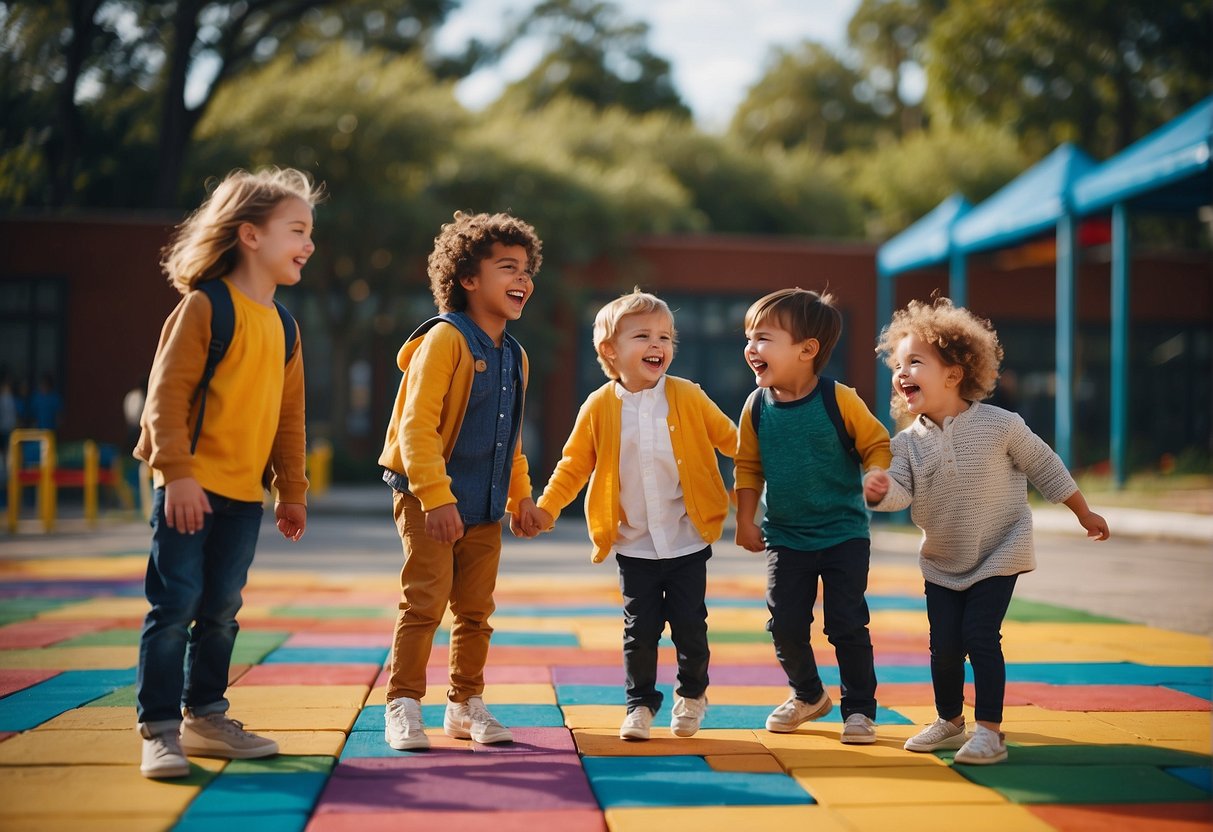 Children laughing and telling jokes in a colorful schoolyard with a jungle gym and hopscotch